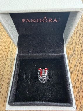RETIRED Pandora Silver Pinecone Charm with Red Bow Accent #791237EN39